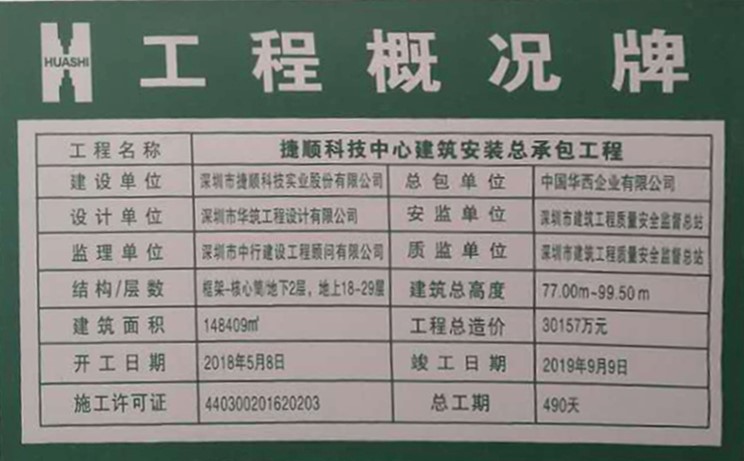 捷順科技中心項(xiàng)目工程概況牌